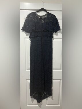 Tadashi Shoji Navy Dress with Gold Lace Trim